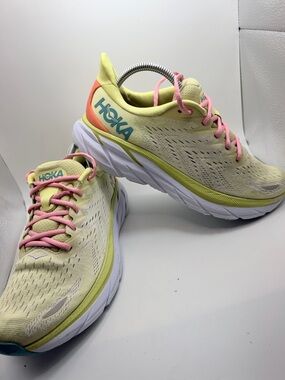 Hoka One One Women's Pale Yellow Athletic Running Shoes with Pink Laces